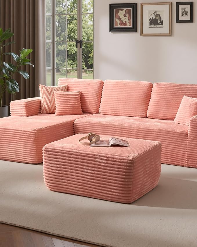 37" Plush Boneless Ottoman, Upholstered Cloud Footrest for Boneless Couch in a Box,Oversize Poufs for Living Room & Bedroom Sofa Ottoman,Comfy Seating with Dense Foam, Pink (Plush Corduroy Fabric)