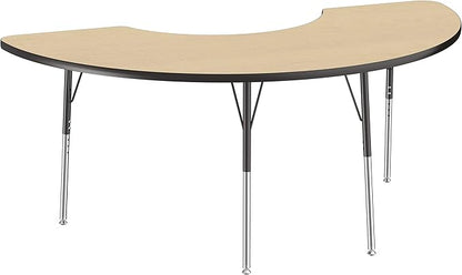 FDP Half Moon Activity School and Office Table (36 x 72 inch), Standard Legs with Swivel Glides for Collaborative Seating Environments, Adjustable Height 19-30 inches - Maple Top and Black Edge