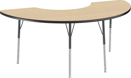 FDP Half Moon Activity School and Office Table (36 x 72 inch), Standard Legs with Swivel Glides for Collaborative Seating Environments, Adjustable Height 19-30 inches - Maple Top and Black Edge