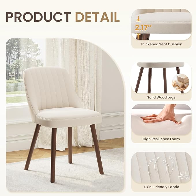 MALOL Upholstered Dining Chairs Set of 2, Modern Fabric Kitchen Chairs with Back, Wood Legs for Kitchen Dining Room Restaurant, Beige