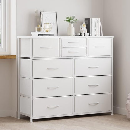 LUMTOK 10-Drawer Dresser, Fabric Storage Tower with Drawers for Bedroom, Dresser Drawer with Handle for Bedroom, Living Room, Hallway, Closets & Nurseryteel Frame, Wood Top (10 Drawer/White)