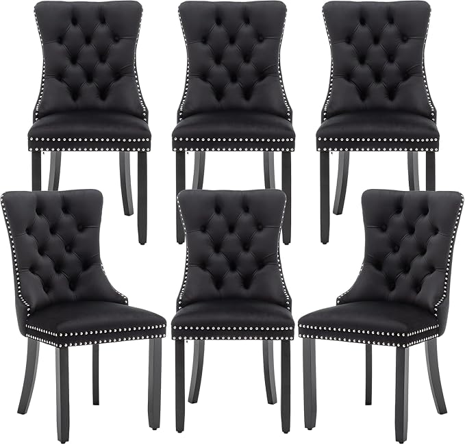 Hixkol Velvet Dining Chairs Set of 6,Upholstered Dining Chairs with Ring Pull Trim and Button Back,Modern Seating for Kitchen, Bedroom & Living Room(Black)