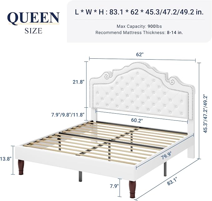 Allewie Queen Bed Frame with Adjustable Velvet Tiara Headboard, Upholstered Diamond Button Tufted Platform Bed, Wood Slats Support, No Box Spring Needed, Mattress Foundation, Easy Assembly, White