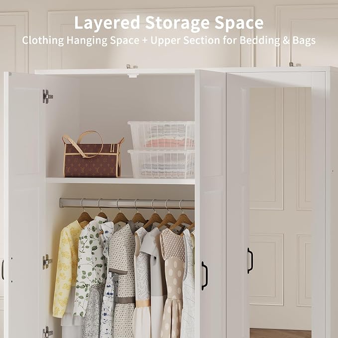 Yanosaku 3-Door Armoire Wardrobe Closet with Full Length Acrylic Mirror, Armoire with Adjustable Shelves & Hanging Rod, Freestanding Storage Cabinet for Bedroom, White