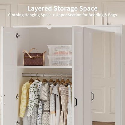 Yanosaku 3-Door Armoire Wardrobe Closet with Full Length Acrylic Mirror, Armoire with Adjustable Shelves & Hanging Rod, Freestanding Storage Cabinet for Bedroom, White