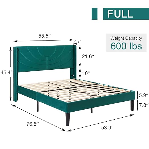 VECELO Full Bed Frame Upholstered Platform with Fabric Headboard,Wooden Slats Support/No Box Spring Needed/Mattress Foundation,Dark Green