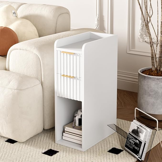 Narrow Nightstand Set of 2, 7.9" Wood Nightstands w/Fluted 2 Drawer, Slim Bed Side End Table Small Spaces Modern Skinny Wooden Night Stand for Bedroom, Living Room, White