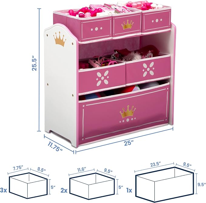 Delta Children Princess Crown Design & Store 6 Bin Toy Storage Organizer - Greenguard Gold Certified, White/Pink