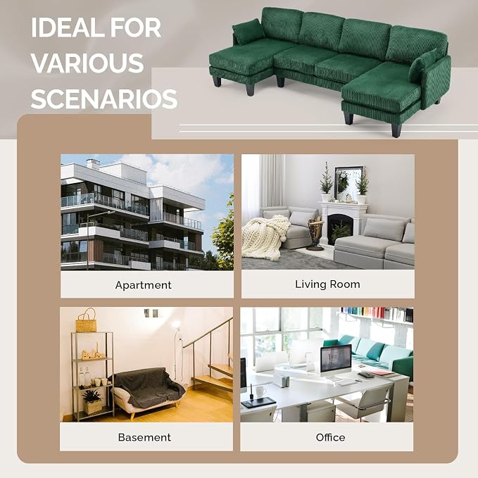 VINGLI 108" W U-Shaped Sectional Couches for Living Room, Sturdy Wooden Armrest Corduroy Cloud Couch with Double Chaise, High Support Modern 4-Seat Sectional Sofa for Apartment, Offices, Dark Green