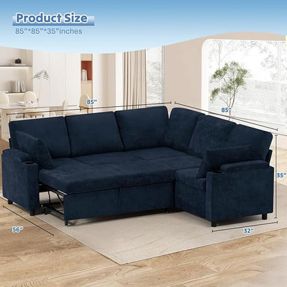 85" Chenille Sectional Sofa w/Pull Out Bed & Storage Space, Blue | Upholstery L Shaped Couch w/Cup Holders, Modern Corner Sofa w/USB Charging Port & Throw Pillow for Living Room