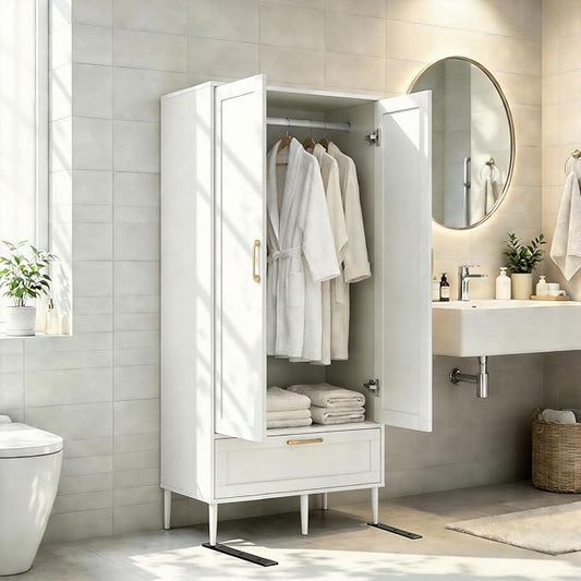 Bedroom Armoire Wardrobe Closet with Hanging Rod,60" 2 Door Almirah for Clothes with Drawers,Morden Storage Cabinet,White