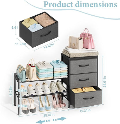 Cidaziya Expandable Closet Organizers and Storage, Black Fabric Storage Dresser, 3 Drawer Dresser, Clothes Shelves for Kids, Purse Organizer Small Shoe Rack for Closet Bedroom(31.29~43.42 in)