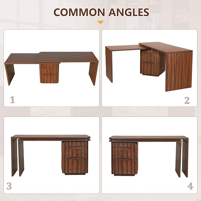 90” Modern L-Shaped Desk with 3 Drawers, 360° Wood Rotating Desk, Workstation for Home Office, Living Room, Walnut
