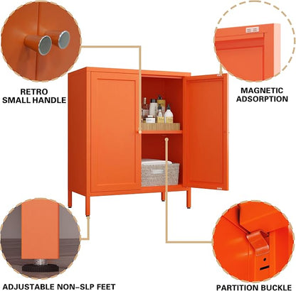 Metal Accent Storage Cabinet for Bedroom, LivingRoom, Office,Kitchen- Metal Locker Cabinet with 1 Adjustable Shelves-Bathroom Floor Storage Cabinet Freestanding Organizer (Square Door, orange)