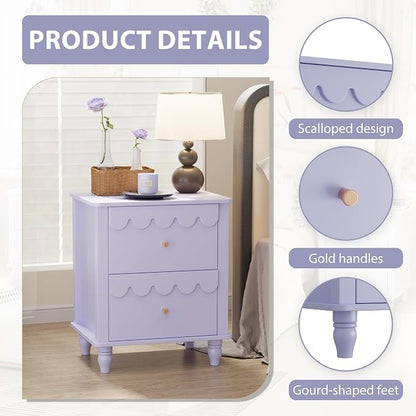 Anbuy Purple End Table Set of 2 with Petal Pattern, Modern Night Stand Set 2 with 3 Drawers for Bedroom, Side End Table Scalloped Bedside Night Tables with Solid Wood Legs