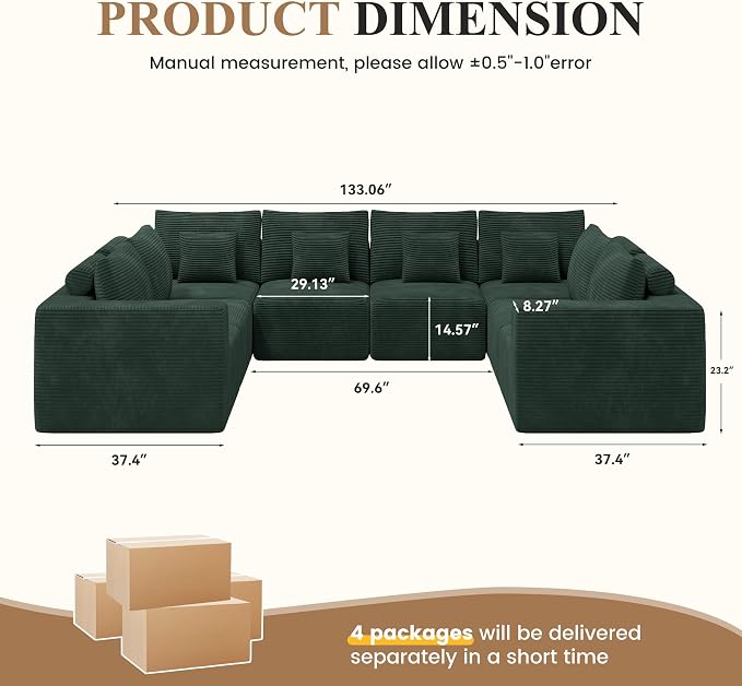 Modern U Shaped Modular Sectional Sofa, Convertible Oversized Cloud Couches for Living Room, Comfy 8 Seater Corduroy Boneless Couch Sofa Set, No Assembly Required, Beige 1 PCS