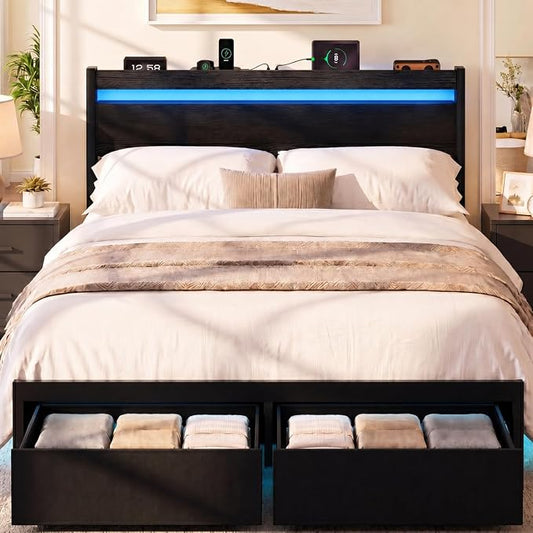 Full Bed Frame with Drawers, Platform Bed with LED Lights & Charging Station, Wood Headboard, Strong Metal Slats Support, No Box Spring Needed, Noise Free, Easy Assembly