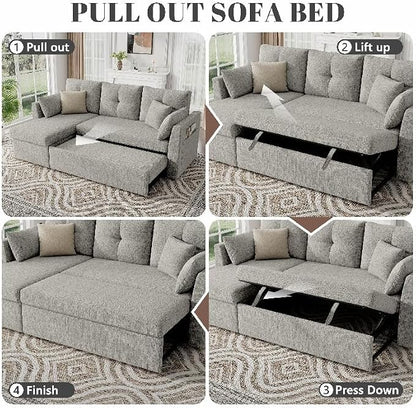Huatean Home Sleeper Sofa Couch, 2 in 1 Sectional Sleeper Couch Bed with Side Pocket, Pullout Sofa Bed with Storage Chaise for Living Room, Light Grey