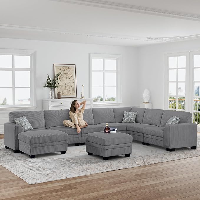 Legend Vansen Oversized Modular Sectional Sofa,9 Seat U Shaped Couch with Ottoman,Corduroy Sofa with Deep Seat,Convertible Large Sectional Couches for Living Room (Grey, U-9)
