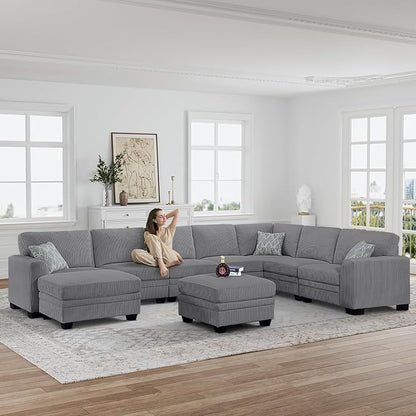 Legend Vansen Oversized Modular Sectional Sofa,9 Seat U Shaped Couch with Ottoman,Corduroy Sofa with Deep Seat,Convertible Large Sectional Couches for Living Room (Grey, U-9)
