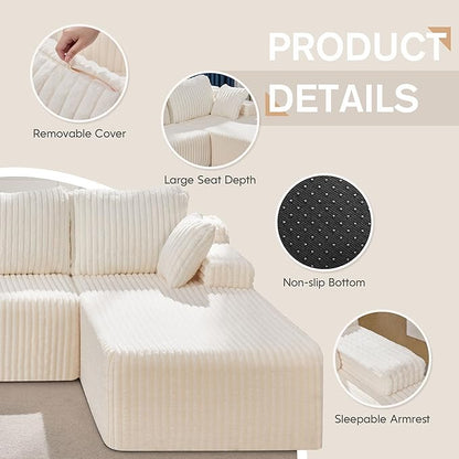 Hobestluk Boneless Couch Modular Sectional Sofa L-Shape Oversized Chaise | 108" Right Facing Chaise White,Memory Foam,Removable Cover,Non-slip Bottom,No Assemble Required,Living Room Furniture