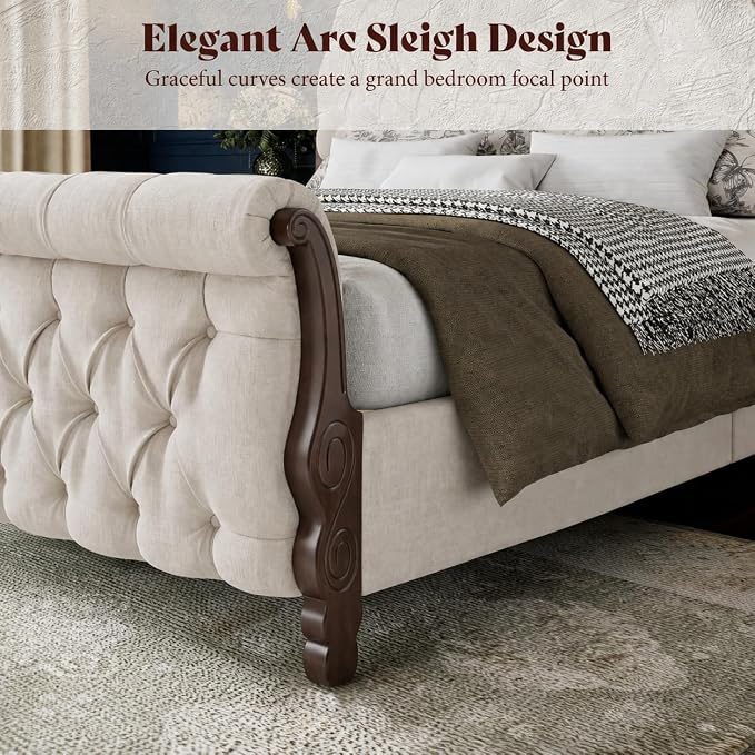 AMERLIFE Upholstered Queen Bed Frame, 53" Tall Sleigh Bed with Button Tufted Chenille Headboard and Footboard, Platform Bed with Carved Solid Wood Legs, No Box Spring Needed, Cream