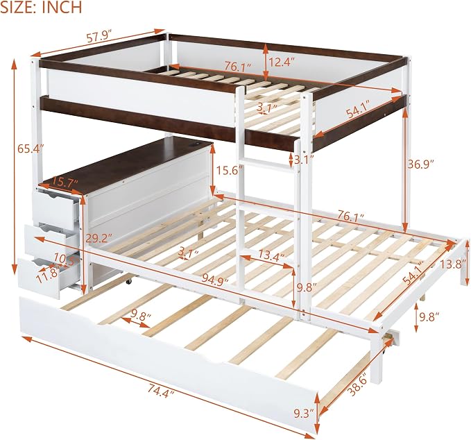 Harper & Bright Designs Full Over Full Bunk Bed Twin Size Trundle, Wood Full Bunk Bed with USB Ports, Storage and Desk, White+Walnut