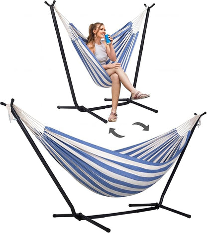 SUNCREAT 2-in-1 Convertible Backyard Fabric Hammock with Stand, Large Hammocks for Outside, Blue White