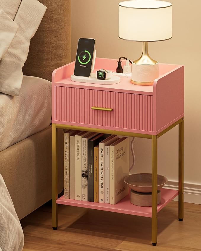 Nightstand with Charging Station, 3-Tier Bed Side Table, Small End Table, Night Stand with Open Shelf and Drawer, Bedside Table for Bedroom, Living Room, Pink
