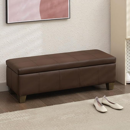 51 Inch Storage Ottoman, Storage Bench with Safety Hinge, Upholstered Synthetic Leather Ottoman Bench for Bedroom, Living Room, Entryway, Hallway, Foot Rest, Support 500lbs, Brown
