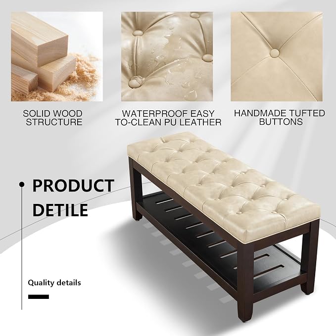 adochr PU Leather Large Rectangular Ottoman with Storage,Upholstered Entryway Bench for Living Room, Oversized Button Tufted Ottoman with Wood Shelf Storage, Ivory