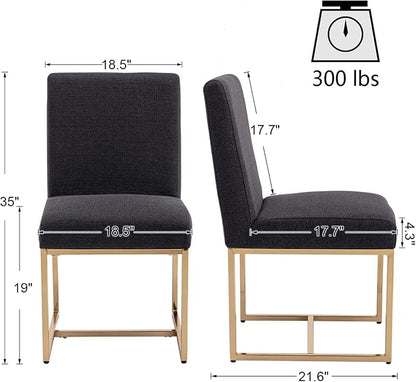 HNY Modern Dining Chairs Set of 4, Upholstered Linen Dining Room Chairs with Ergonomic Back & Polished Gold Metal Frame for Home, Kitchen, Apartment, Charcoal Black