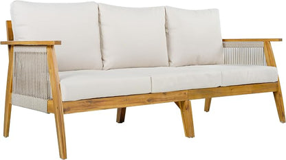 Christopher Knight Home Outdoor 3 Seater Patio Sofa with Acacia Wood Frame and Rope Weave Design, Cushioned Garden Couch with Removable Covers for Patio Deck Balcony, Teak and Beige