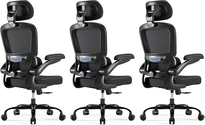 TRALT Ergonomic Office Chair - Desk Chair with Adjustable Headrest Lumbar Support Computer Chair - Mesh Comfy Chair with Flip-up Armrests - Gaming Chair for Adults Home Office PU, Black, Pack of 3
