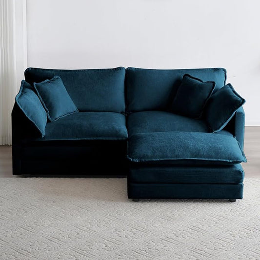Modular Sectional Sofa with Ottoman, 76.7" Modern L Shaped Sectionals Cloud Couch, Comfy Couch Loveseat, 3 Seat Chenille Deep Seat Sofa with Pillow for Living Room, Bedroom Apartment,Small Spaces-Blue