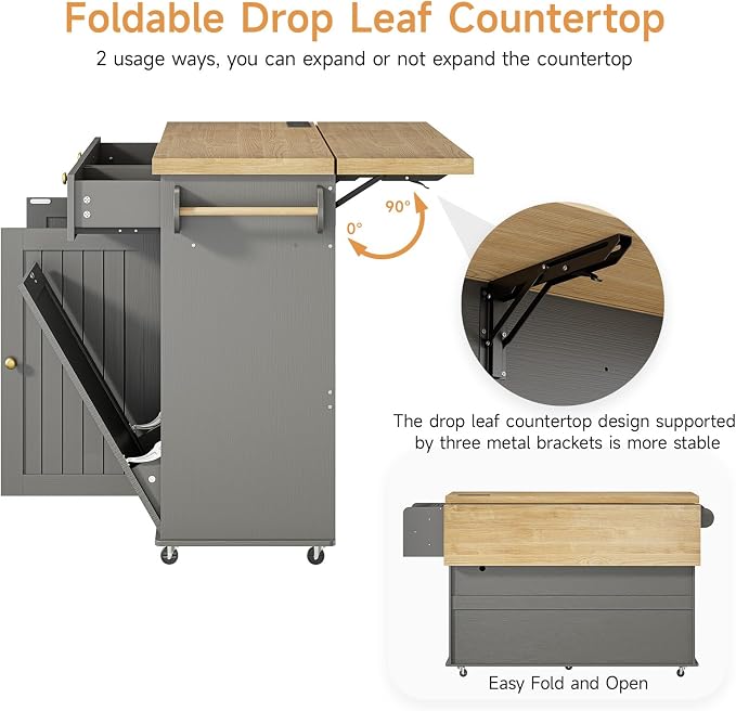 ONBRILL 60" Kitchen Island with Power Outlet & Drop Leaf, Rolling Island with Spice Rack & Towel Rack, Kitchen Island Cart with Trash Storage Cabinet, Island Table for Kitchen, Grey