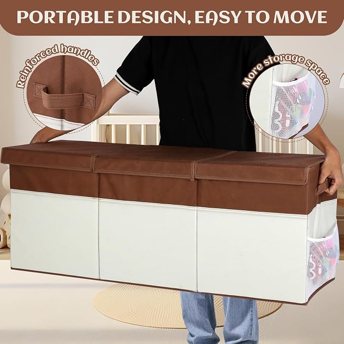 FIIOEOY Extra Large Toy Box with Lids, Collapsible Toy Storage Organizer with Divider for Kids, Sturdy Toy Chest for Bedroom, Nursery, Living Room, Playroom, 40"x14"x16", White & Brown