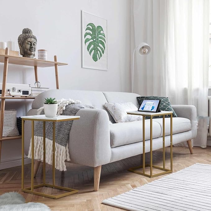 Possile C Shaped End Table Set of 2, Small Side Table for Sofa and Bed, Couch Tables That Slide Under, Snack Side Table for Living Room, Bedroom, White Faux Marble and Gold