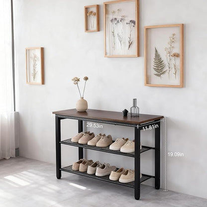 3-Tier Shoe Rack Bench, Industrial Shoe Organizer with Metal Mesh Shelves and Wood Seat, 29.5 Inch Entryway Storage Bench for Living Room or Hallway, Rustic Brown