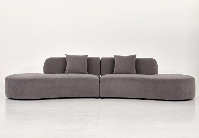 Container Furniture Direct Belmont 132" Curved Sofa with Throw Pillows, 6 Seater Luxury Velvet Couch with Half Moon Design and High-Density Foam, Ideal for Modern Living Room, Office & Apartment, Grey