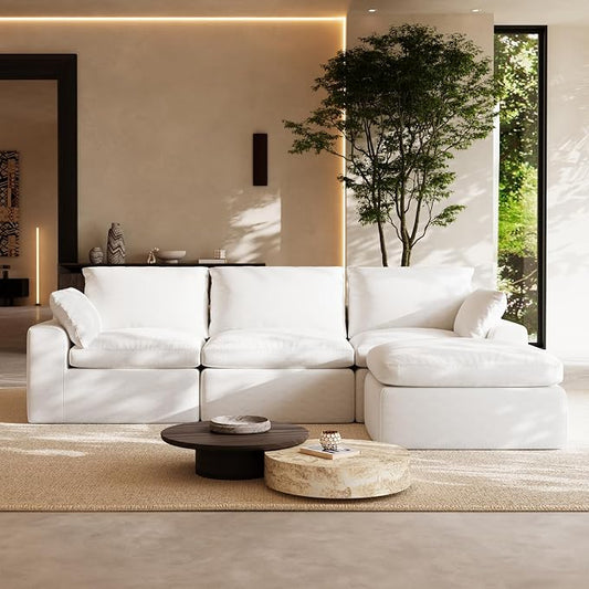 Novilla 104.3" Modular Cloud Couch, Modern Sectional Sofa with Smarts Coil® Support, Chenille Fabric, Upholstered Couch for Living Room Apartments Bedroom, No Assembly, 3 Seater + 1 Ottoman, White