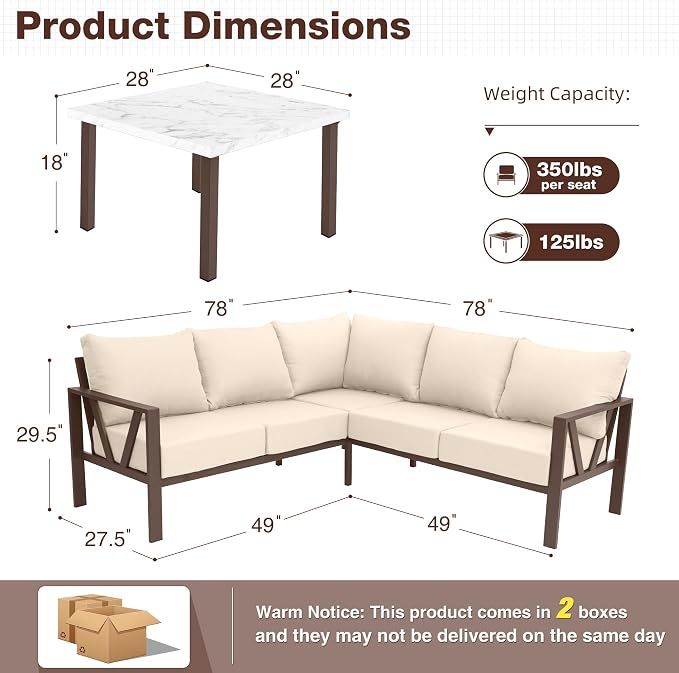 Outdoor Furniture Set, 6 Pieces Outdoor Patio Couch Sectional, L Shaped Metal Outdoor Patio Corner Sofa with 6” Thick Cushions, Outdoor Seating Conversation Set, Upgrade Beige