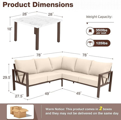 Outdoor Furniture Set, 6 Pieces Outdoor Patio Couch Sectional, L Shaped Metal Outdoor Patio Corner Sofa with 6” Thick Cushions, Outdoor Seating Conversation Set, Upgrade Beige