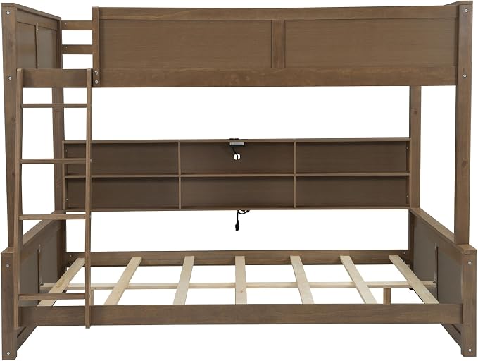 RUNNA Full XL Over Queen Bunk Bed with Storage,USB,Wood | Full XL over queen bunk bed with storage cabinets, USB, solid pine wood, guardrails, no box spring needed, natural wood