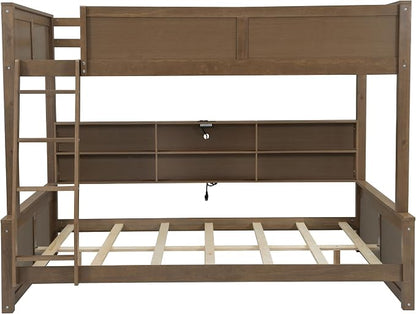 RUNNA Full XL Over Queen Bunk Bed with Storage,USB,Wood | Full XL over queen bunk bed with storage cabinets, USB, solid pine wood, guardrails, no box spring needed, natural wood