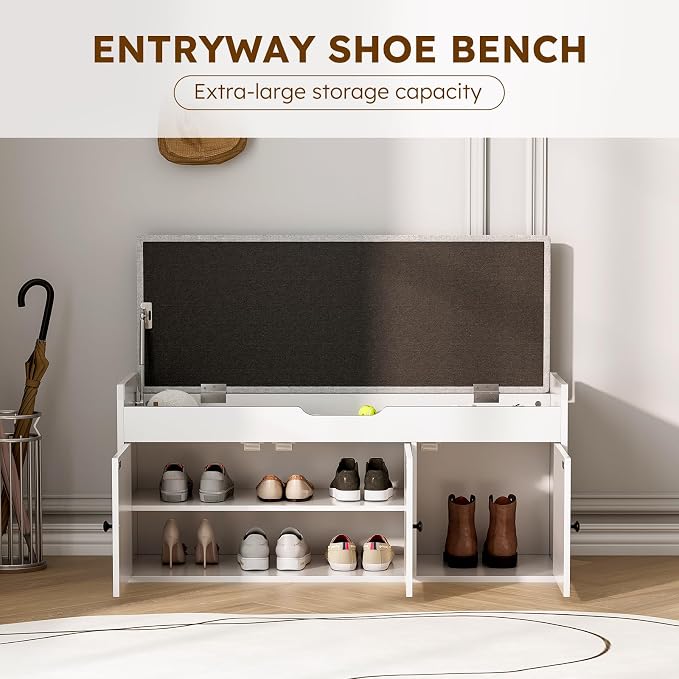40" Storage Bench - Entryway Shoe Bench with 3 Doors and Top Storage Area, Multifunctional Entryway Bench with Lift Top Cushion, Shoe Storage Bench for Bedroom, Living Room, White