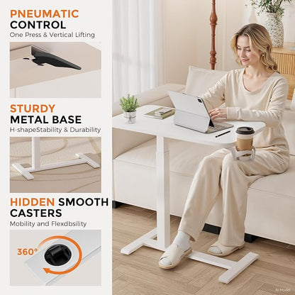 GTPLAYER Small Standing Desk with Hidden Wheels, Pneumatic Mobile Rolling Laptop Desk, Adjustable Height Overbed Bedside Table Computer Workstation for Home Office (28" W x 16" D, White)