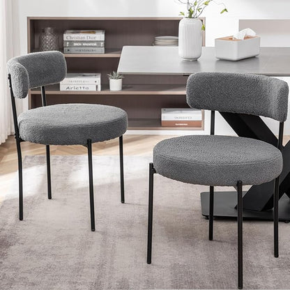 Cinxzar Grey Boucle Dining Chairs Set of 2, Upholstered Dining Room Chairs with Black Metal Legs, Round Modern Dining Chair for Dining Room, Kitchen