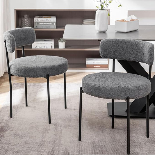 Cinxzar Grey Boucle Dining Chairs Set of 2, Upholstered Dining Room Chairs with Black Metal Legs, Round Modern Dining Chair for Dining Room, Kitchen