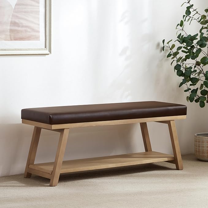 Zihanhome 45" Entryway Bench Upholstered Storage Bench for Bedroom Shoe Rack Bench for Living Room, Hallway, Mudroom, Balcony, Sturdy Indoor Bench Seat Holds Up to 300 lbs (PU-Brown)
